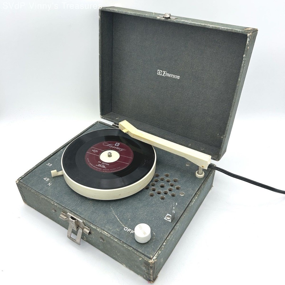 Vintage Emerson Portable Record Player 33/45 RPM Suitcase Turntable Works Tested